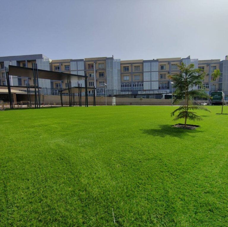 Amplia zona verde de césped artificial en una comunidad residencial